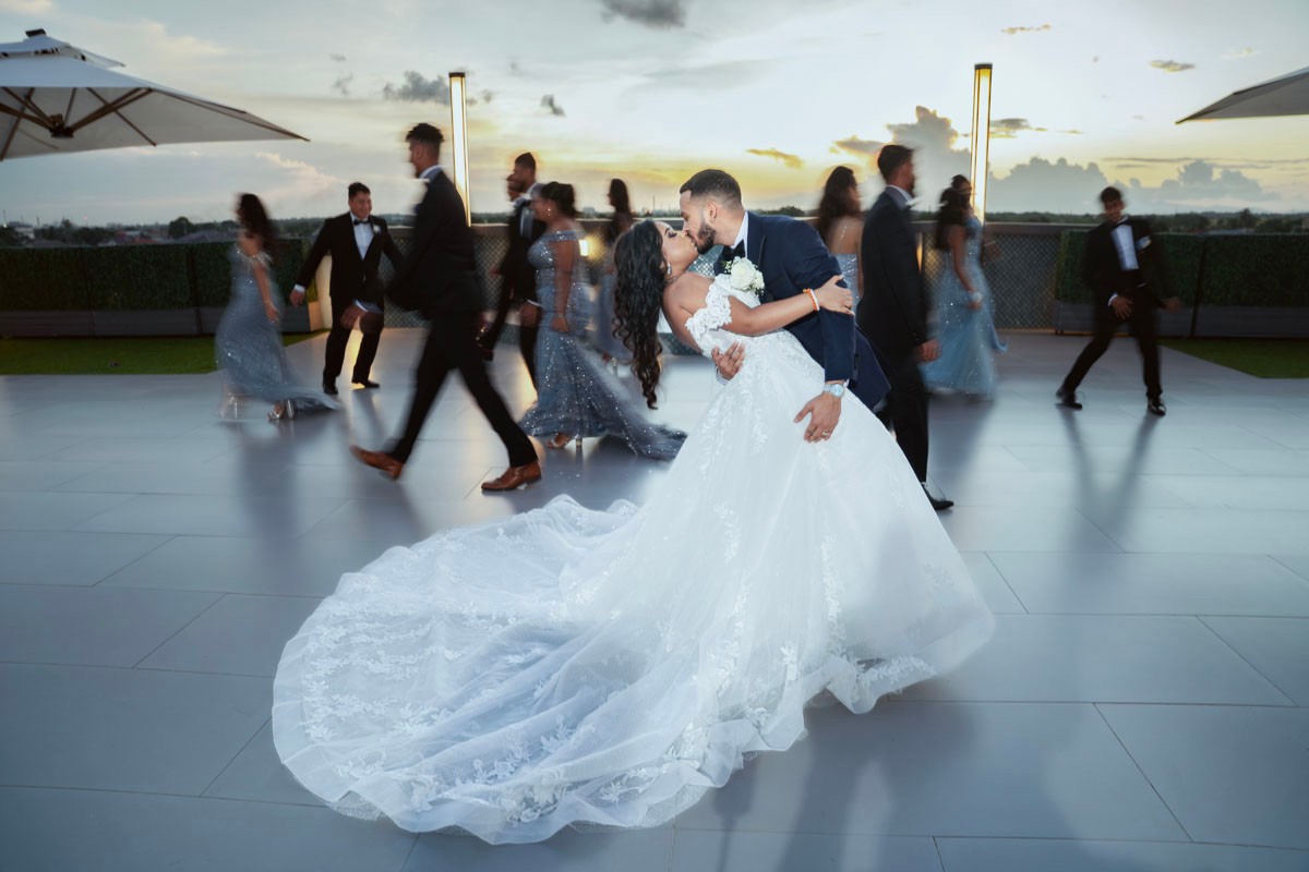 Newlyweds dancing together at their reception